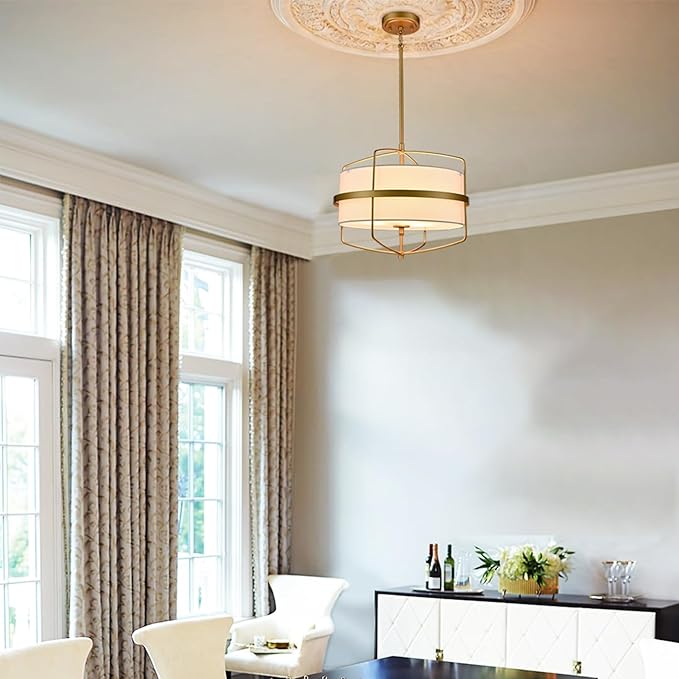 DAYCENT Modern Gold Pendant Light 3-Light Drum Shade Chandelier 16-Inch Brass Pendant Lighting with Drum Fabric Shade Hanging Light Fixture for Dining Room Living Room, Adjustable Height
