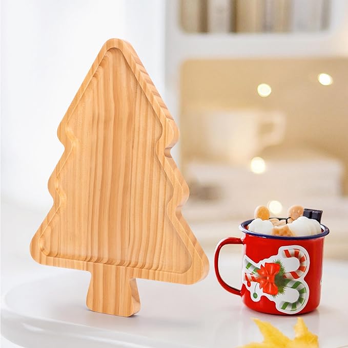 Christmas Tree Shaped Wooden Serving Tray - 12" Charcuterie Board for Cheese, Snacks, Appetizers & Desserts - Holiday Platter with Handles, Christmas Decorative Tray (12 x 8.7 x 0.6 Inches)