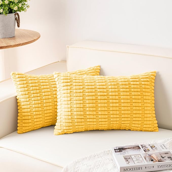 Pack of 2 Corduroy Decorative Throw Pillow Covers 12x20 InchSoft Boho Striped Pillow Covers Modern Farmhouse Home Decor for Sofa Living Room Couch Bed（Yellow）