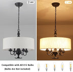 Drum Chandelier, 17.71” Farmhouse Chandeliers for Dining Room 4-Light with White Linen Drum Shade, Adjustable Height Round Chandelier Hanging Light for Kitchen Living Room Bedroom, UL-Listed