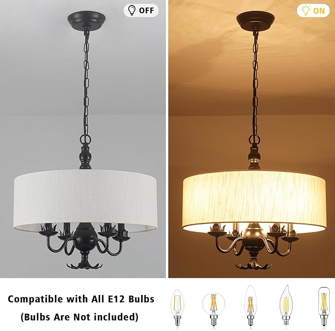 Drum Chandelier, 17.71” Farmhouse Chandeliers for Dining Room 4-Light with White Linen Drum Shade, Adjustable Height Round Chandelier Hanging Light for Kitchen Living Room Bedroom, UL-Listed