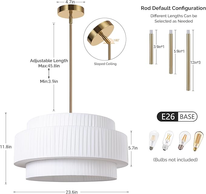 LamQee 23.6inch Fabric Drum Chandelier, 3-Tier Farmhouse Fabric Dining Light Fixture Gold Ceiling Semi Flush Mount Pendant Light for Dining Room Living Room Kitchen Island Foyer