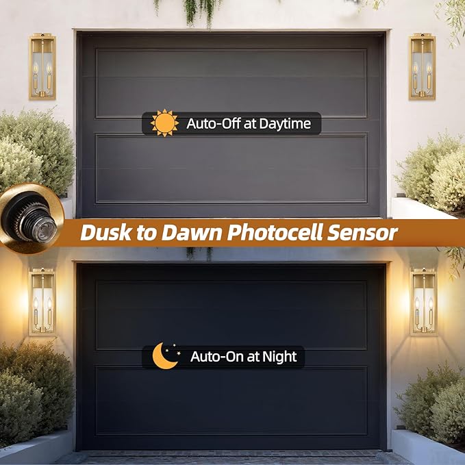 Gold 2-Light Dusk to Dawn Outdoor Light Fixture Large 16 Inch, Candle Light Square Exterior Wall Light for House Photocell Sensor IP65 Waterproof Porch & Patio Light Brass Outside Sconce