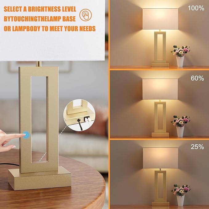 Nightstand Table Lamps for Bedrooms Set of 2 - Touch Bedside Lamp with USB C+A, 3 Way Dimmable Living Room Lamps for End Tables Set of 2(White&Gold)