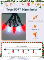 C9 Christmas Lights Outdoor, 50Feet Strawberry Waterproof String Lights with 50 Bulbs, Connectable Waterproof Lights for Holiday Party Roofline Backyard Garden Patio, Green Wire(Red & Pure White)