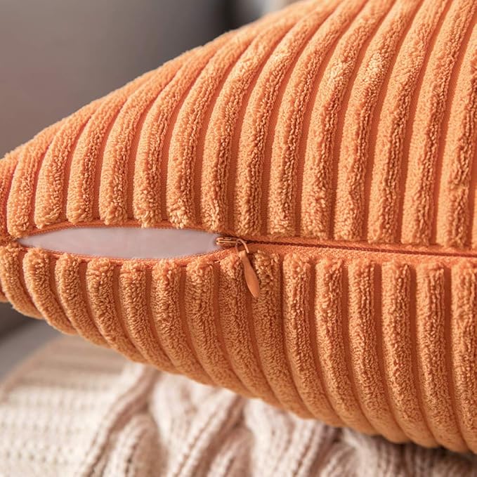 MIULEE Winter Fall Pack of 2 Orange Pillow Covers 12x20 Inch Soft Boho Striped Corduroy Throw Pillow Covers Decorative Square Cushion Cases Pillowcases for Sofa Bedroom Couch Home Decor.