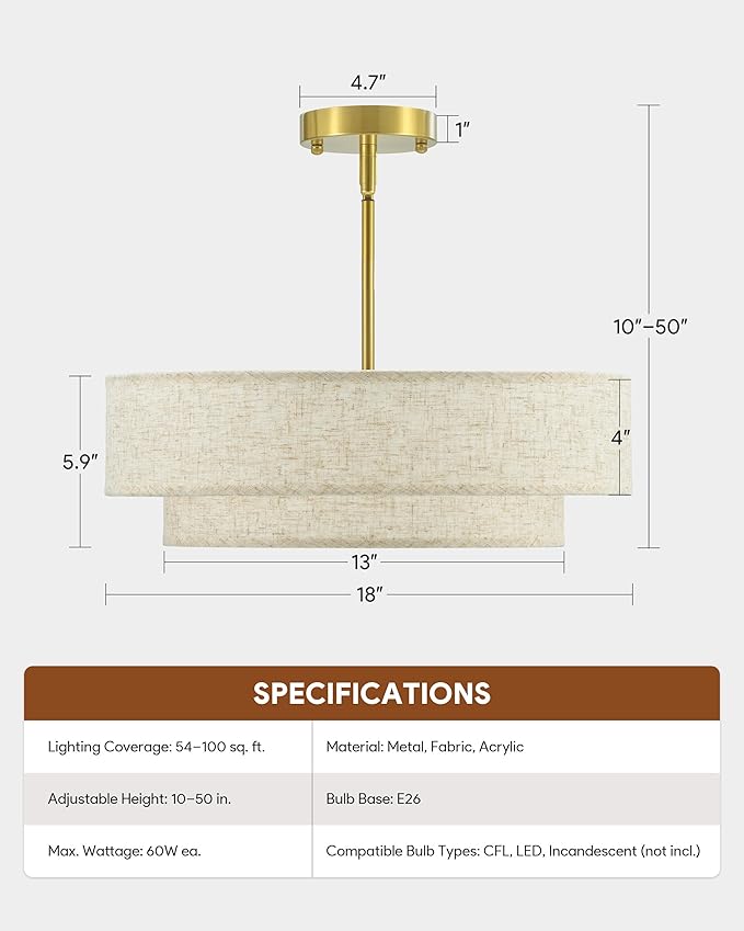 VONLUCE Modern Chandeliers, 18" Drum Chandeliers with 2-Layer Fabric Shade, 4-Light Pendant Light Fixture with E26 Bases, Light Fixture for Dining Room Bedroom Living Room, Linen Shade & Brass Finish