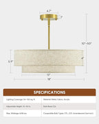 VONLUCE Modern Chandeliers, 18" Drum Chandeliers with 2-Layer Fabric Shade, 4-Light Pendant Light Fixture with E26 Bases, Light Fixture for Dining Room Bedroom Living Room, Linen Shade & Brass Finish