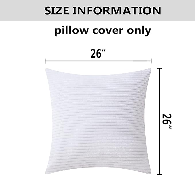 Home Brilliant Set of 2 26x26 Pillow Covers Super Soft Euro Sham Striped Corduroy Decorative Euro Throw Pillow Shams Cushion Cover for Couch, 26 x 26 inch, Pure White