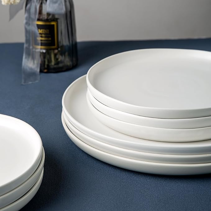 AmorArc Ceramic Dinner Plates Set of 6, Wavy Rim 10.5 Inch Stoneware Dish Set, Large Dinnerware Plates for Kitchen-Microwave&Dishwasher Safe, Scratch Resistant-Reactive Glaze Matte White