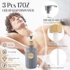 32PCS Grey Bathroom Accessories Set with Shower Curtain,Rugs,Trash Can,3PCS Lotion Soap Dispenser, Toothbrush Holder, Soap Dish,Tumbler Cup,6PCS Wood Tags Bath Accessories with Tray for Bathroom