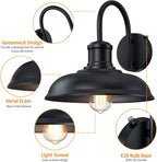 12'' Diameter Large Dusk to Dawn Outdoor Gooseneck Barn Light, 2-Pack Outdoor Wall Sconce Farmhouse Exterior Light Wall Lighting Fixture Industrial Black Wall Lantern for Porch, Garage, Black