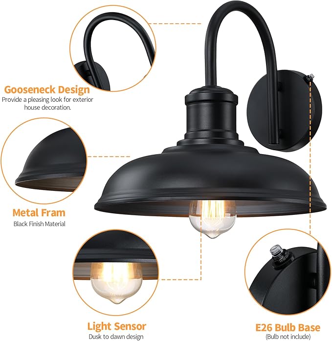12'' Diameter Large Dusk to Dawn Outdoor Gooseneck Barn Light, 2-Pack Outdoor Wall Sconce Farmhouse Exterior Light Wall Lighting Fixture Industrial Black Wall Lantern for Porch, Garage, Black
