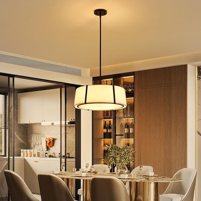 Shrine Lighting Drum Pendant Light, Modern Style, Drum Chandeliers for Dining Room, D18'' x H6'', Adjustable Chains 39'', E12*4 Sockets, White Lampshade & Black Finish