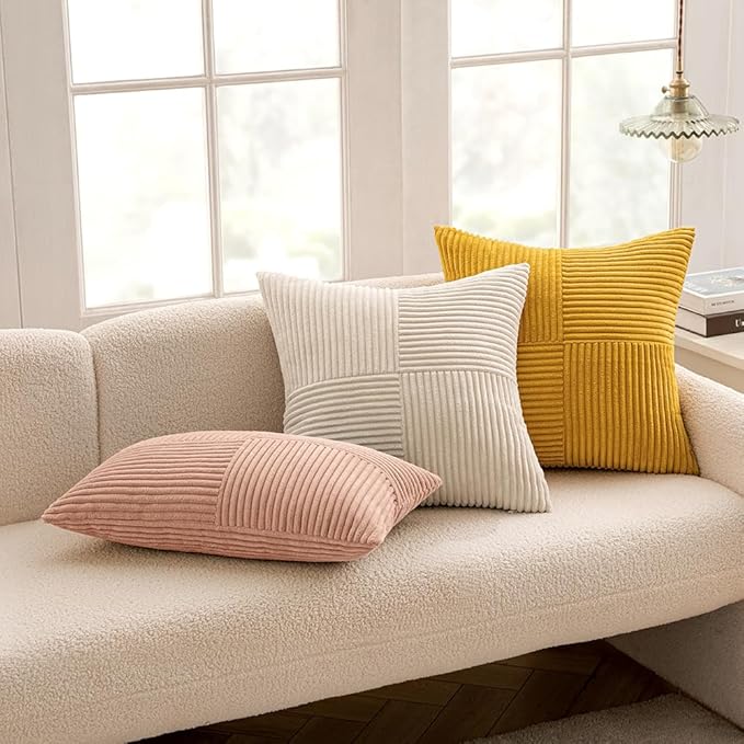 MIULEE Mustard Yellow Corduroy Pillow Covers Pack of 2 Boho Decorative Spliced Throw Pillow Covers Soft Solid Couch Pillowcases Cross Patchwork Textured Covers for Living Room Bed Sofa 12x20 inch