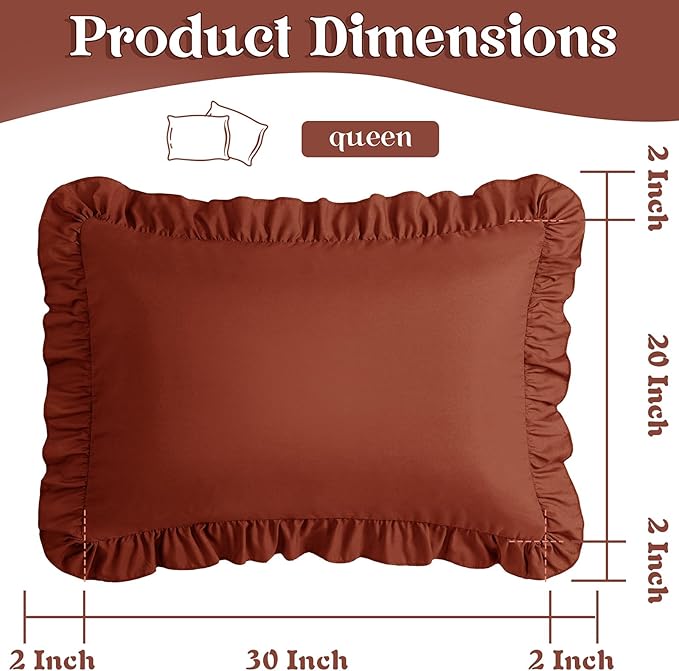 KKJIAF Ruffle Pillow Cases Queen Size Set of 2, Ruffled Pillow Covers with Envelope Closure, Wrinkle Resistant Ruffled Pillow Shams 20" x 30", Dusty Orange