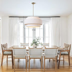 LamQee 23.6inch Fabric Drum Chandelier, 3-Tier Farmhouse Fabric Dining Light Fixture Gold Ceiling Semi Flush Mount Pendant Light for Dining Room Living Room Kitchen Island Foyer