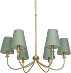 Gold Chandelier, Brushed Brass with Green Fabric Shade, 6-Light 28" Modern Farmhouse Linear Pendant Lighting Fixture for Dining Living Room Kitchen Island Bedroom