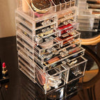 Cq acrylic 4 Pack Clear Makeup Organizer Countertop,Stackable 12 Drawers Skincare Organizer,Cute Skin Care Organizer for Vanity Hair Clip,Jewelry,Beauty Product Desk and Make Up Organizers for Vanity