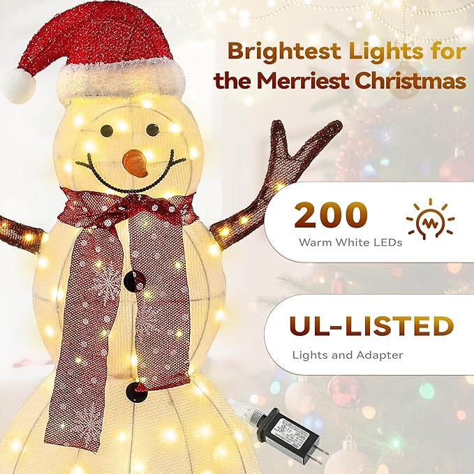 Large Christmas Snowman Family Decorations, 43Inch 3D Pre-Lit Snowman with 200 LED Lights & Zip Ties, Outdoor Indoor Holiday Decor for Yard,Porch,Home-Sparkling White