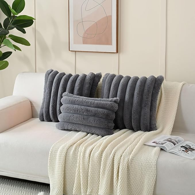 FUTEI Grey Decorative Throw Pillow Covers 16x16 Inch Set of 2, Square Soft Faux Rabbit Fur Big Striped Cushion Cover,Home Decor for Couch Sofa Bed Living Room