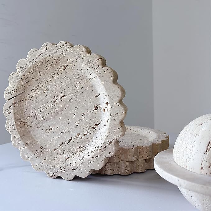 Travertine Marble Tray Round Scalloped Tray Small Serving Platter for Counter, Bathroom, Kitchen, Nightstand, Jewelry Ring Dish Holder (Beige Travertine)