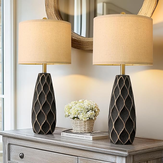 PORTRES 27.5" Ceramic Table Lamps for Bedroom Living Room Lamps Set of 2 Modern Bedside Nightstand Lamp Farmhouse Vintage Rustic Boho Retro Large Table Lamps Light Home Office Desk Deco Gifts, Black