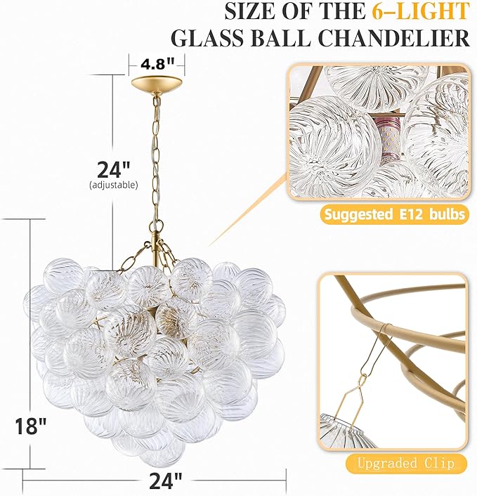 Bubble Glass Chandelier Pendant Lights Fixture Dia 24 inch Cluster Swirled Clear Blown Glass Ribbed Globe Decorative Lighting Fixture for Living Room Bedroom Dining Room Island
