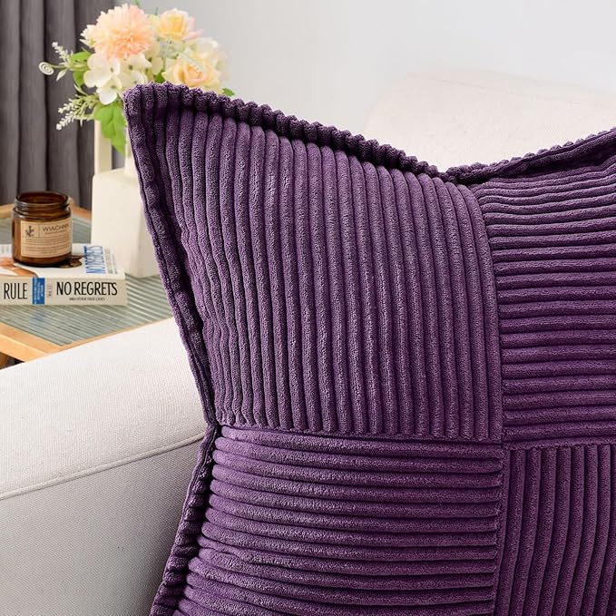 HAUSSY Purple Throw Pillow Covers 14x14 Inch Set of 2,Soft Solid Corduroy Striped/Wide Bordered,Square Decorative Cushion Case,Winter Home Decorations for Couch,Bed