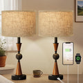 23'' Modern Table Lamps Set of 2 - Farmhouse Bedside Lamps for Bedroom with USB A+C, Wooden Lamps for Night Stands, Lamp for Living Room End Tables