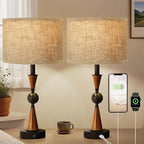 23'' Modern Table Lamps Set of 2 - Farmhouse Bedside Lamps for Bedroom with USB A+C, Wooden Lamps for Night Stands, Lamp for Living Room End Tables