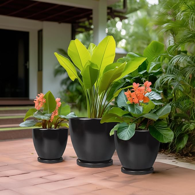 Ceramic Plant Pots - 10+8+6 Inch Modern Round Planters for Indoor Outdoor with Drainage Holes and Plant Saucers, Room Patio House Office Decor, Gardening Gifts for Women Men, Set of 3, Black