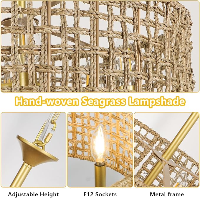 LynPon 17.7" Gold Rattan Chandelier Light Fixture, 6 Lights Boho Rattan Light Fixture with Hand Woven Wicker Shade, Farmhouse Vintage Chandelier for Dining Room Living Room Kitchen Bedroom Entryway