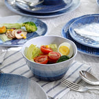 12 Piece Melamine Dishes Set for 4, Unbreakable Plates and Bowls Sets for Camping, Lightweight dinnerware set, Kind to kids, Dishwasher Safe, Ideal for RV, Sky Blue and White Retro