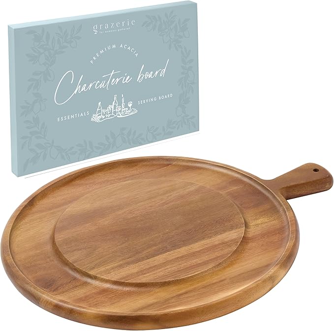 Charcuterie Board - Round Acacia Wood Cutting Board for Kitchen with Groove & Handle, Cheese Board for Vegetables, Bread, Fruits, Meat - Decorative Wooden Serving Tray House Warming Gift