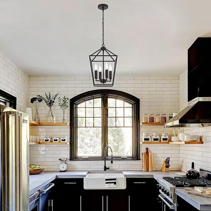 MELUCEE Farmhouse Chandelier in Oil Rubbed Bronze 4 Lights Lantern Pendant Light Vintage Openwork Cage Hanging Light Fixtures Ceiling for Kitchen Island Dining Room Entryway, E12 Base