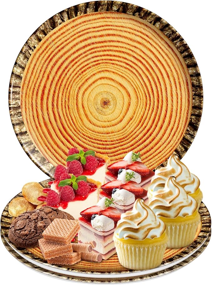 3Pcs Wood Grain Serving Tray Round Melamine Platter 10 Inch Dessert Plates for Camp-Fire Party Camping Woodland Animal Baby Shower Birthday Party Supplies