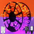 JMEXSUSS Christmas Lights, 8 Modes Waterproof Christmas Light Outdoor Plug in, Clear Wire String Lights Indoor Bedroom 500 LED Orange and Purple 163 FT