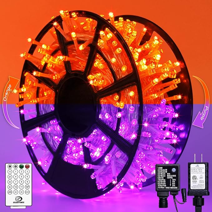 JMEXSUSS Christmas Lights, 8 Modes Waterproof Christmas Light Outdoor Plug in, Clear Wire String Lights Indoor Bedroom 500 LED Orange and Purple 163 FT