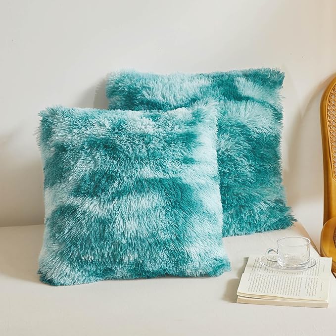 XeGe Tie Dye Faux Fur Throw Pillow Covers, Luxury Fluffy Plush Pillow Shams, Ombre Shaggy Decorative Pillow Cushion Cover for Sofa Bed Couch Zipper Closure, Pack of 2(18''x18'', Tie Dye Teal Green)