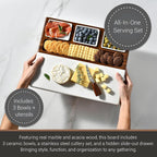 Shanik Wood - Marble Cheese Board Set with 3 Ceramic Bowls - Stainless Steel Cutlery Set, Charcuterie Board & Gift for Any Occasion (with Engraving)