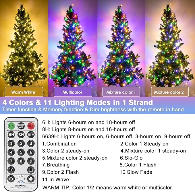 Decute 800Leds 272FT Colors Changing Christmas String Lights 4 Colors in 1 Strand 11 Modes, Waterproof Indoor Outdoor Tree Fairy Lights Warm White & Multicolor with Timer Remote