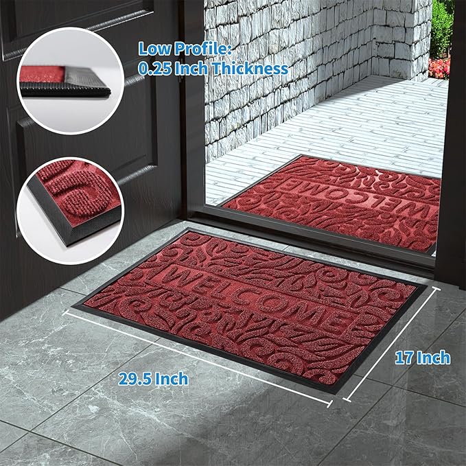 Yimobra Welcome Mat Outdoor 29.5x17, Waterproof Non-Slip Outdoor Mats for Front Door Outside Entrance, Low-Profile Entryway Mat Indoor for Garage Patio, Wine Red