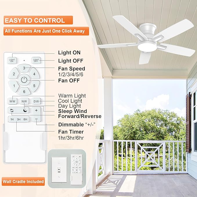 YUHAO 42 Inch Flush Mount White Ceiling Fan with Light and Remote Control.Noiseless,Dimmable,3CCT,6 Speeds Reversible, Low Profile DC Ceiling Fans for Indoor Use