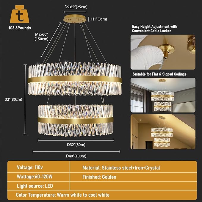 Modern Crystal Chandeliers, Double Tier 40"+32" Large High Ceiling Chandelier. Elegant Crystal Chandelier Hangs from The Ceiling of The Living Room, Stairwell, and Foyer.