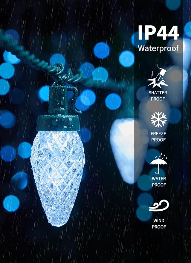C9 LED Christmas Lights Outdoor, 68 Ft 100 LED C9 String Light with 100 All in One Clips, Connectable Waterproof Christmas Tree Lights for Outside Roofline Backyard Garden Decor, Pure White 2 Pack