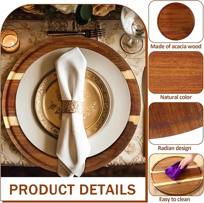 Rtteri 10 Pieces Acacia Round Wood Plates 14 x 0.6 Inch Dinner Plates Wooden Charger Platter Bulk Easy Cleaning Lightweight Serving Tray for Dishes Snack Dessert