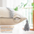 Boho Throw Pillow Covers 12x20 Set of 2 Woven Tufted Farmhouse Pillows Cover with Tassels Textured Striped Cushion Case Lumbar Pillow Cases Decorative Pillowcase for Sofa, Couch, Bed, Light Grey