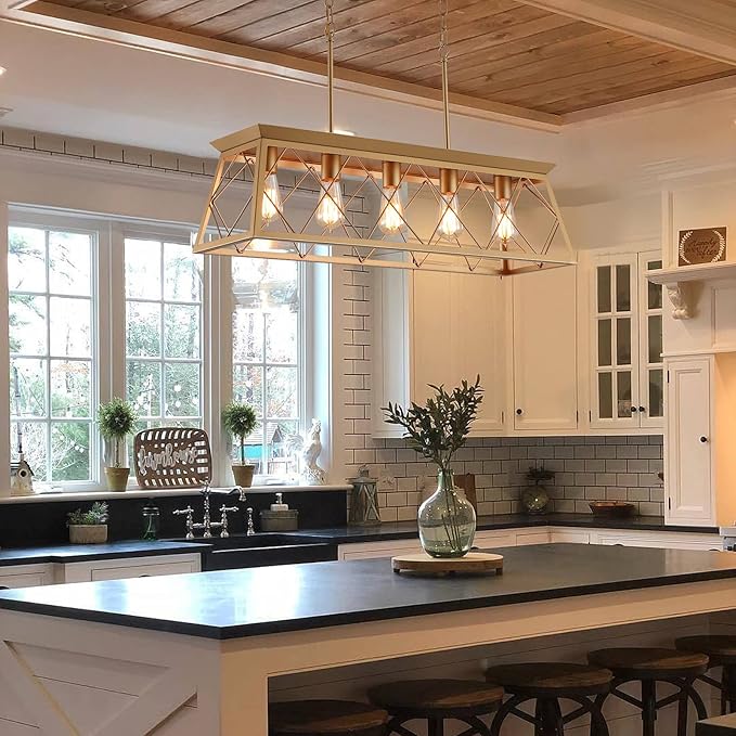 Q&S Modern Farmhouse Chandelier Light Fixtures,5-Lights Gold Linear Industrial Light Fixtures for Kitchen Island Bar Dining Table UL Listed