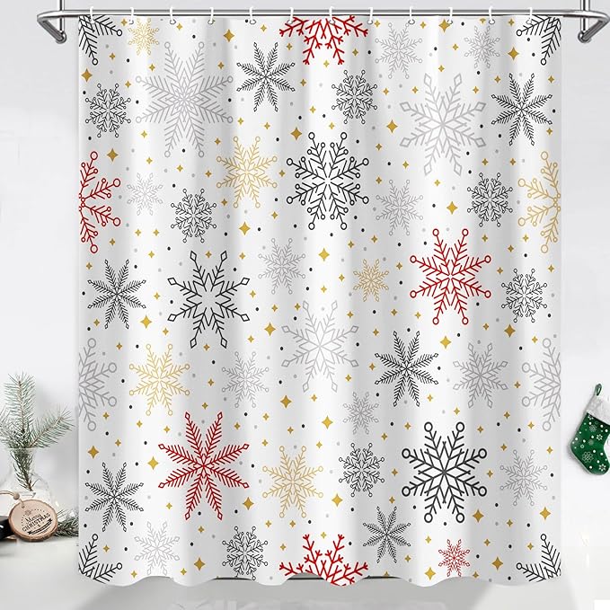Winter Snowflakes Shower Curtain for Christmas Bathroom Decorations, Cute Xmas Snowflake Red Grey White Golden Shower Curtain Set, Fabric Silver Glitter Sparkle Merry Xmas Holiday Shower Curtain 72X72